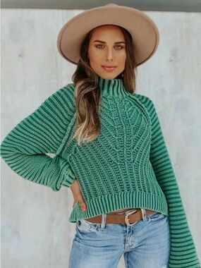 Free People Sweetheart Green Chunky Knit Mock Neck Oversize Sweater Botany Green